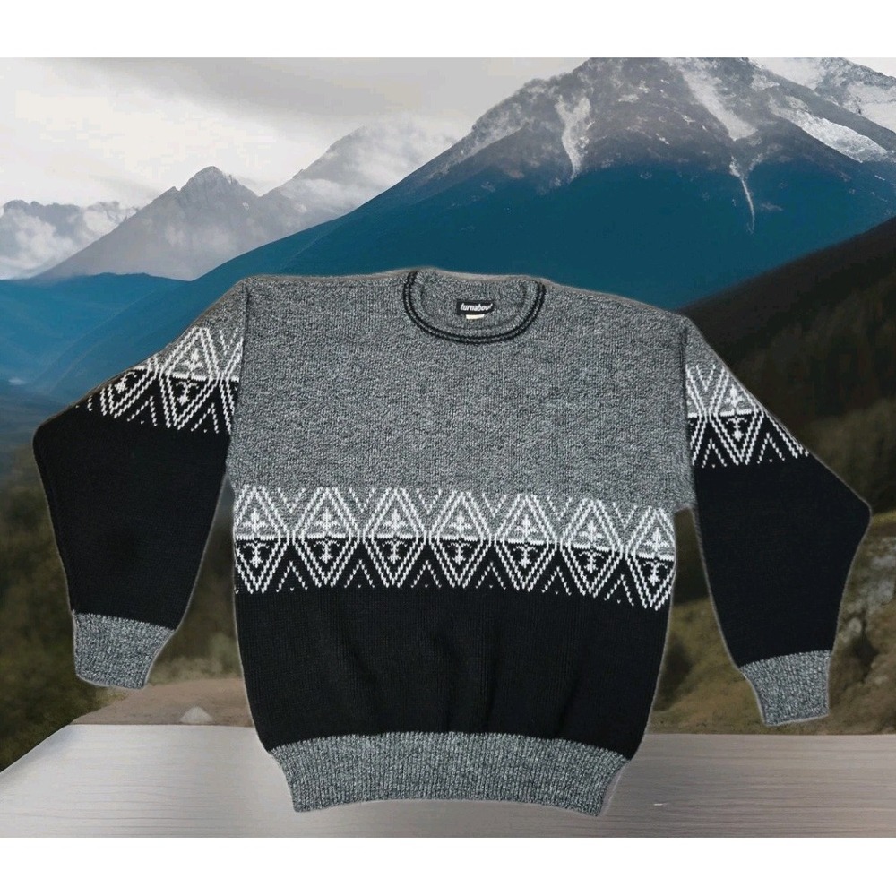 Vintage‎ Sweater Mens Medium M Black Gray Acrylic Fiber Made USA Turnabout